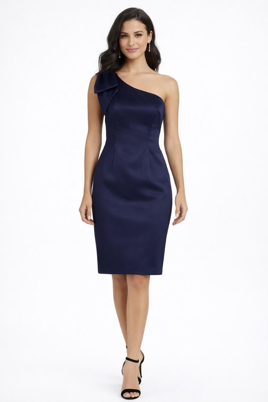 Eliza J Womens One Shoulder Bow Satin Sheath Cocktail Dress Navy Blue Size 10